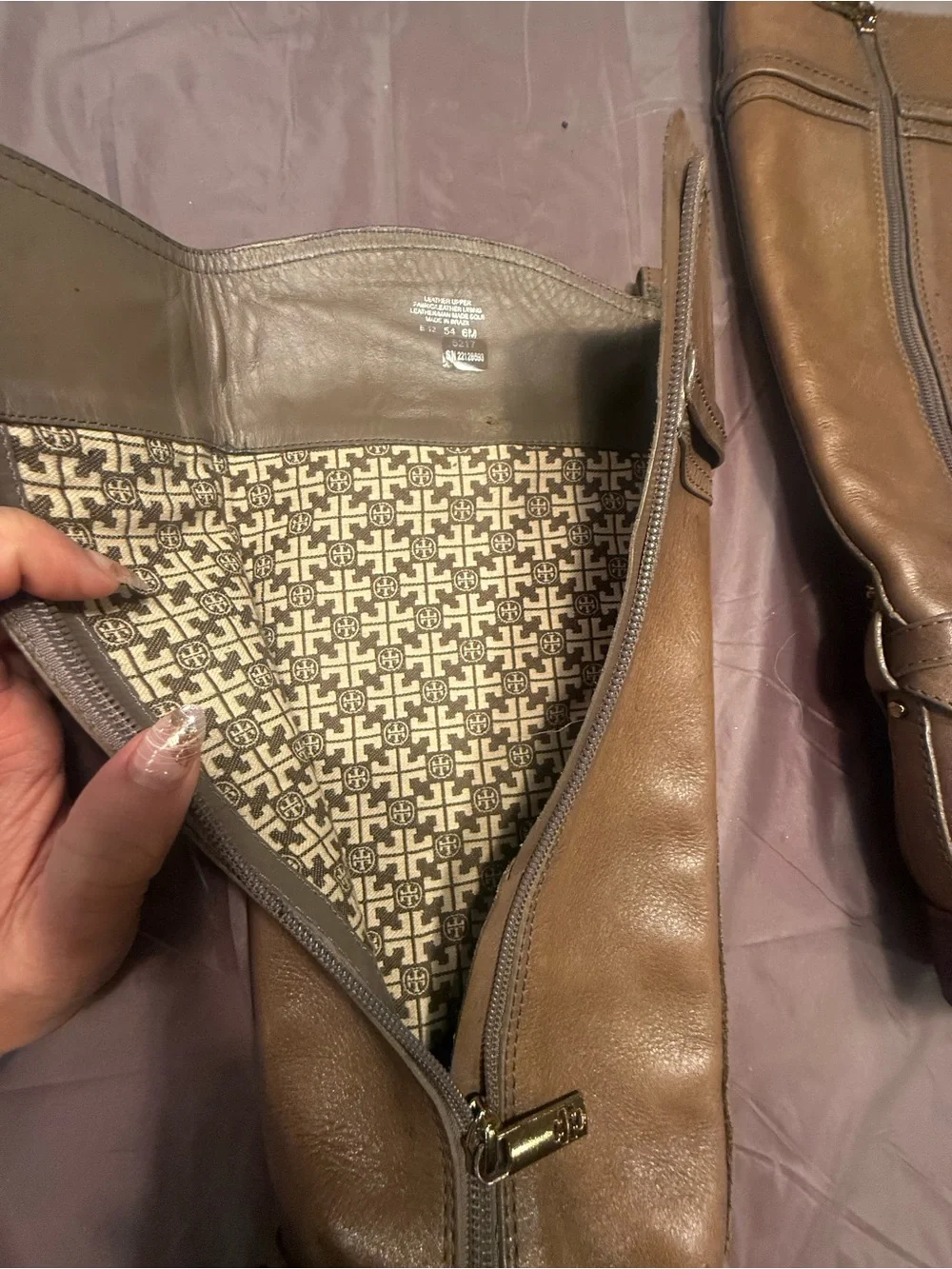 Tory Burch Calista Taupe Gold Leather Logo Belt Knee Riding Boots Size 6 $495